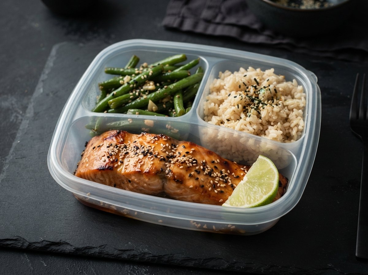 A meal-prep container with a glazed teriyaki salmon fillet, green beans and brown rice