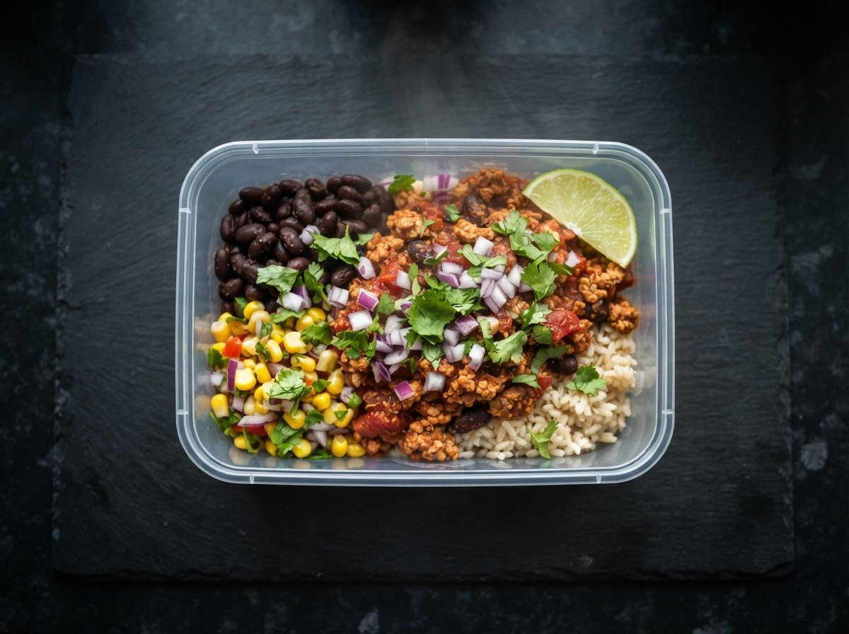 A meal-prep container with turkey chilli, black beans, corn salsa and rice