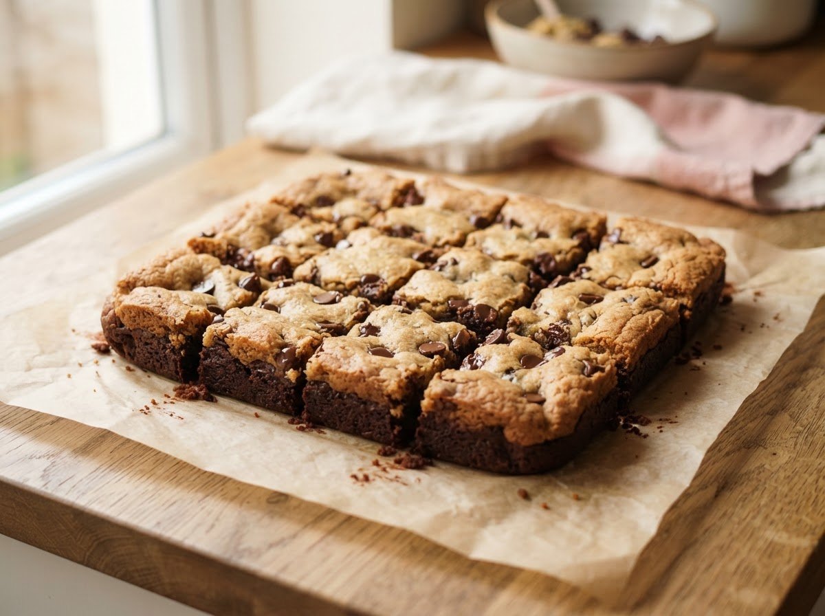 A brookie slab on baking paper — brownie base with cookie dough top, cut into squares