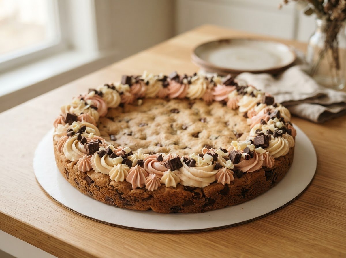A giant round cookie cake ringed with piped buttercream and chocolate pieces