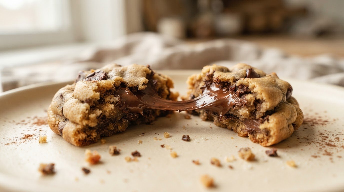 A stuffed cookie pulled apart with a gooey chocolate centre stretching between the halves