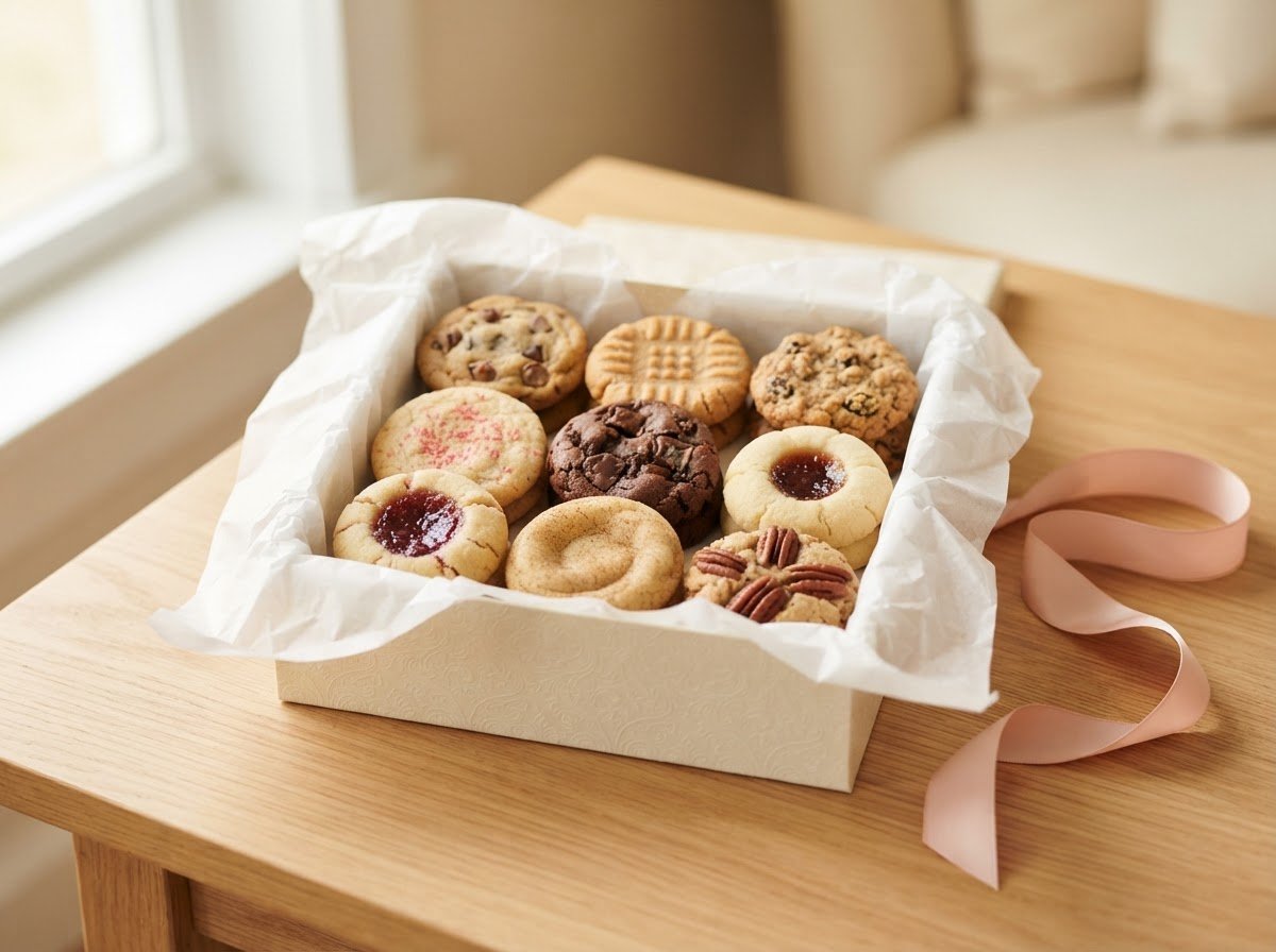 An open gift box of nine assorted cookies lined with tissue paper, ribbon beside it