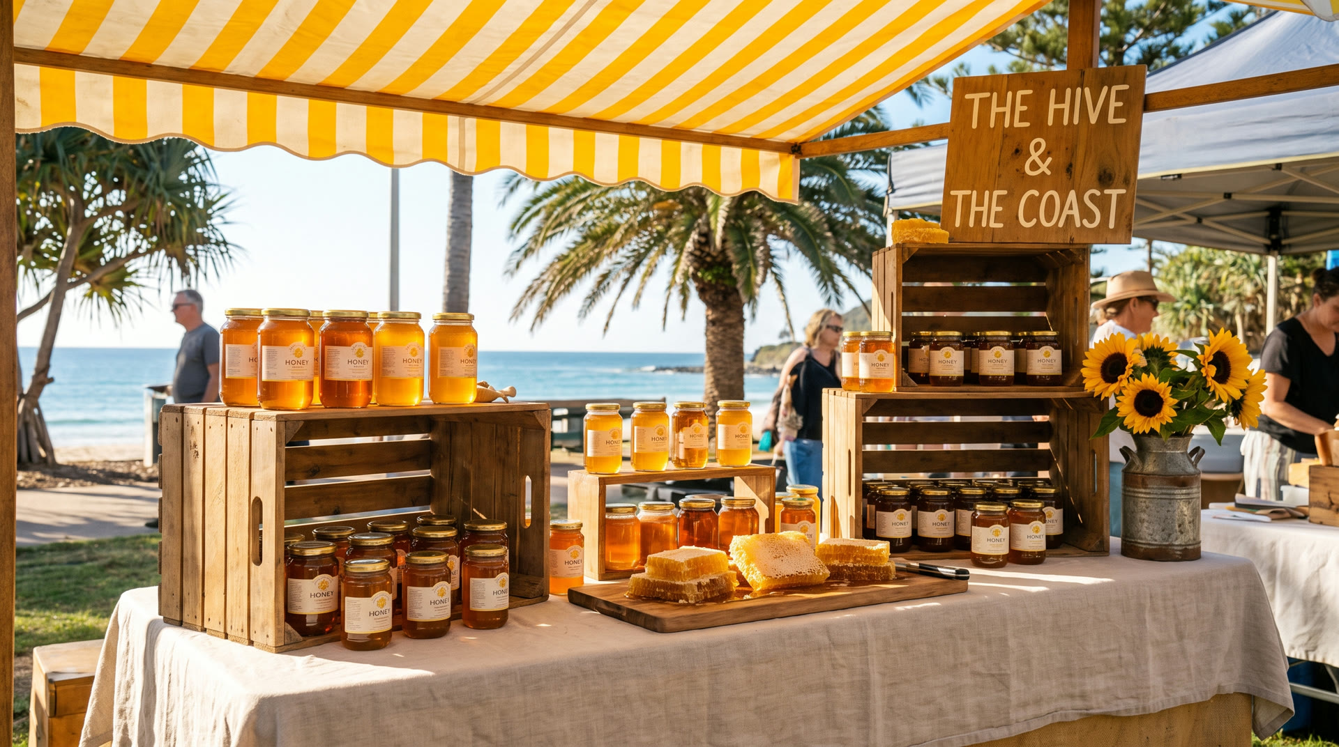 The Hive & The Coast honey stall under a striped awning at a beachside market