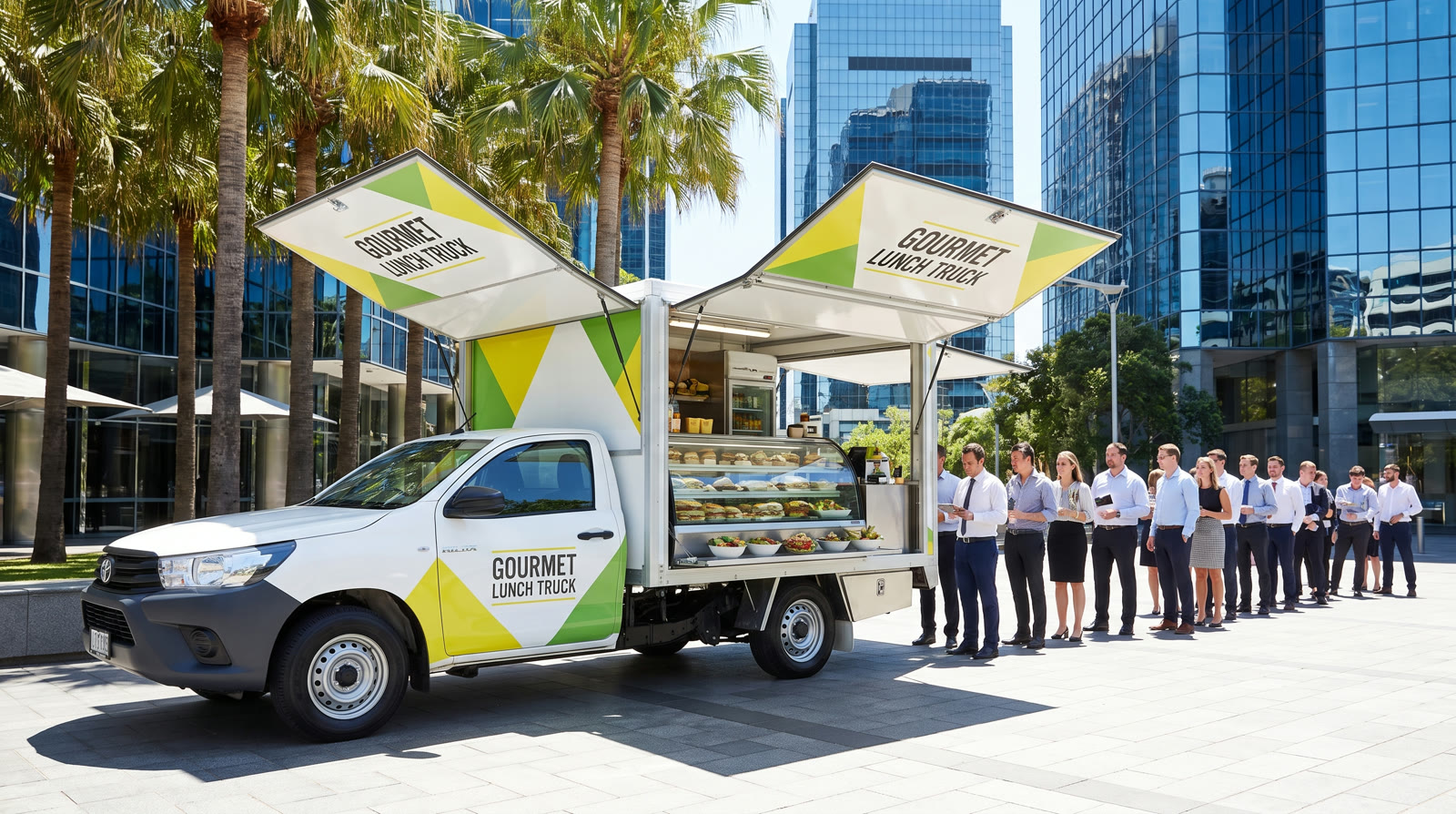 The Lunch Run's white gull-wing deli ute serving office workers under palm trees at midday