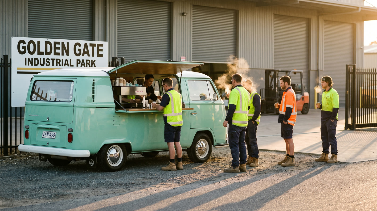 The Morning Shift's mint-green Kombi coffee van serving workers in hi-vis at an industrial estate at dawn