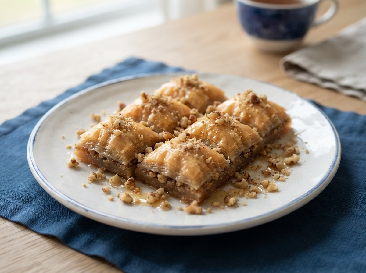 Six pieces of walnut baklava drizzled with honey syrup on a white plate