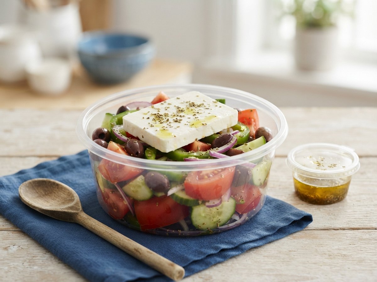A takeaway tub of Greek salad topped with a slab of feta, dressing pot beside