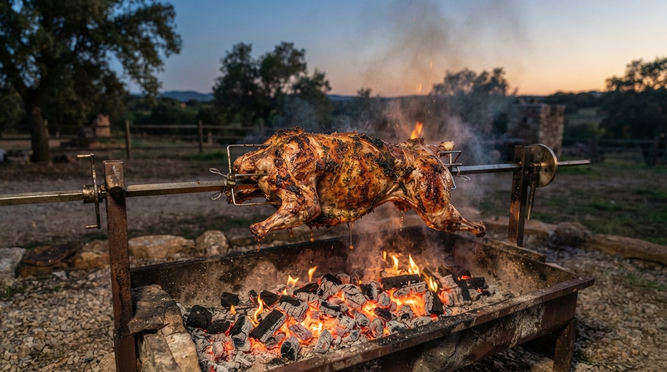 A whole lamb turning on a spit over glowing charcoal at dusk