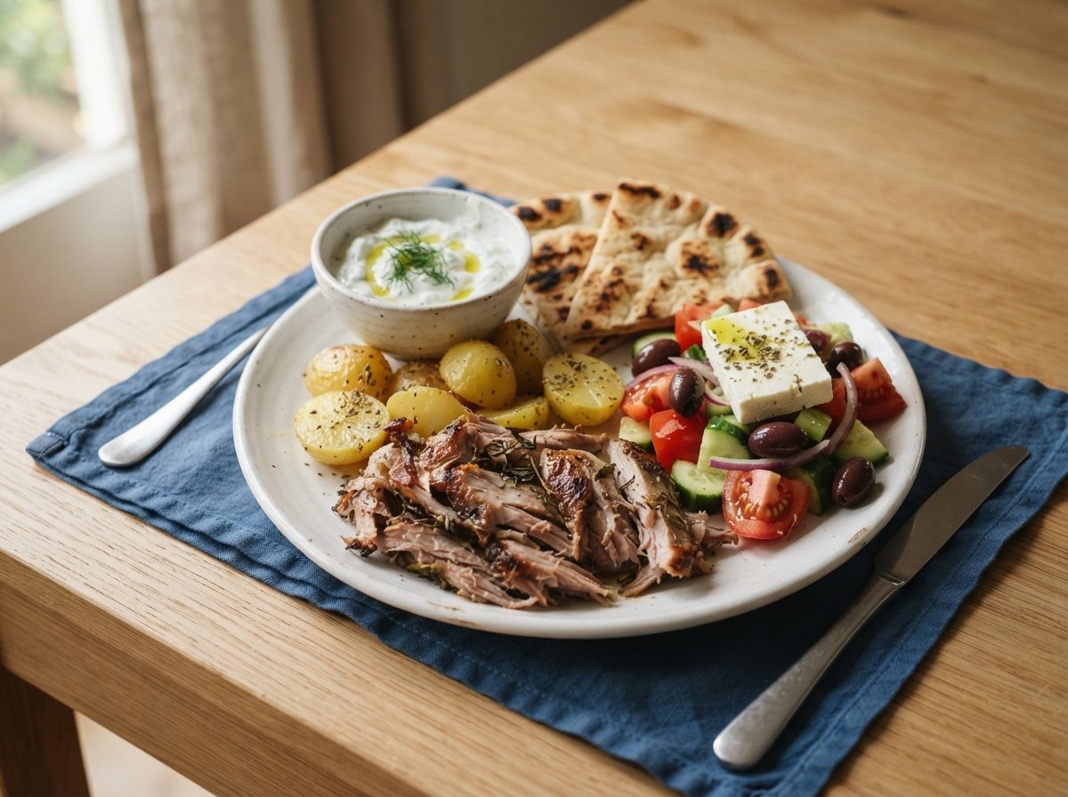 A plate of carved spit lamb with lemon potatoes, Greek salad, pita and tzatziki