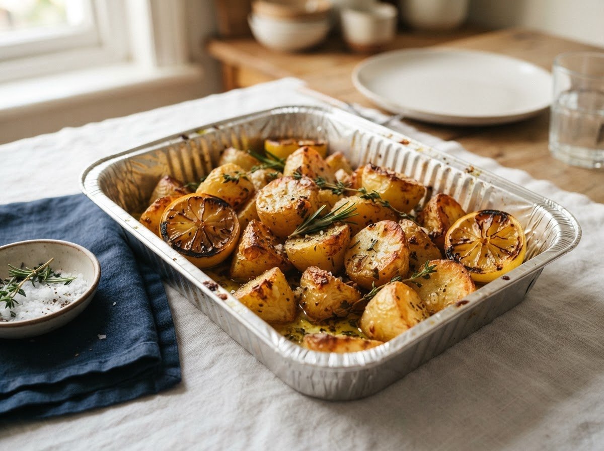 A foil tray of golden lemon roast potatoes with roasted lemon halves