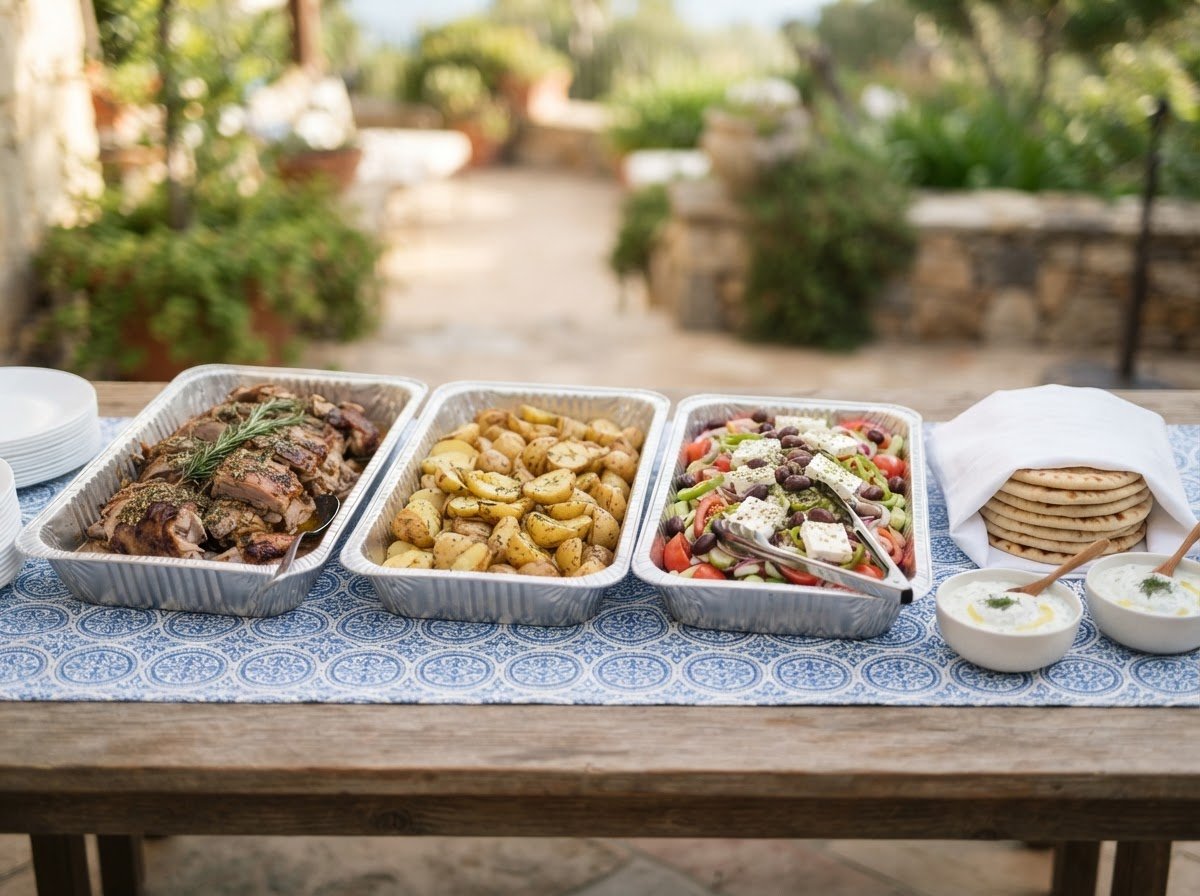 Foil trays of carved lamb, lemon potatoes and Greek salad with pita and tzatziki on a long table